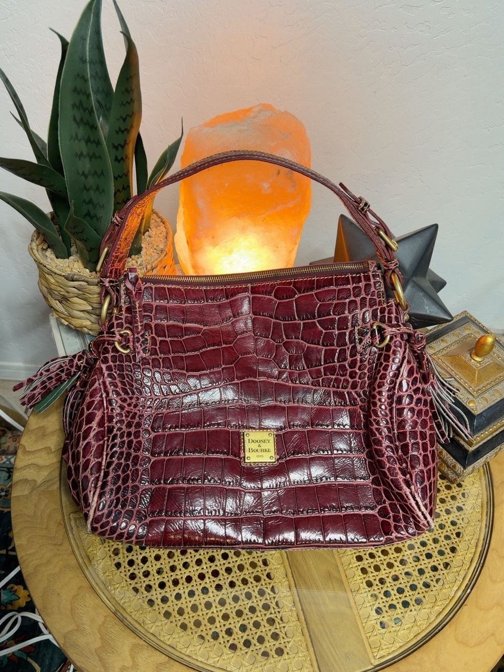Dooney & Bourke Bordeaux Croco Embossed Leather Tassel Satchel